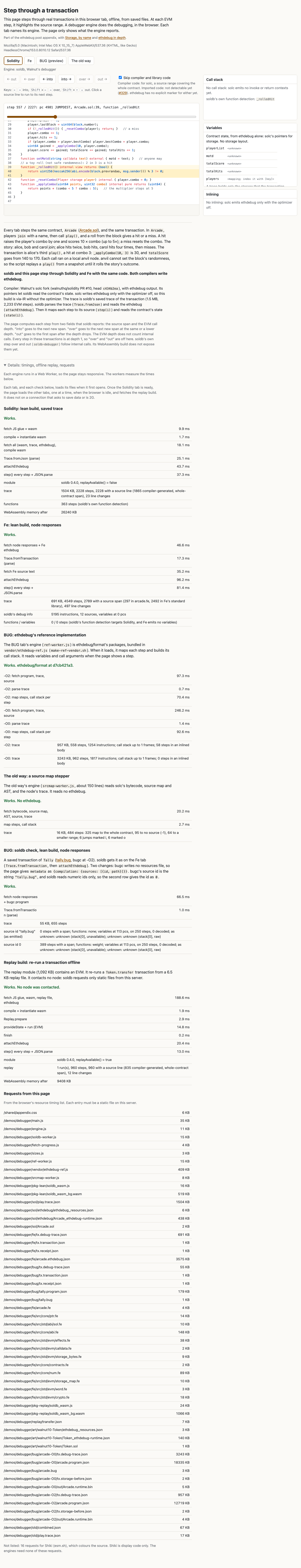 soldb in the browser, highlighting the source span of one step in a Solidity contract